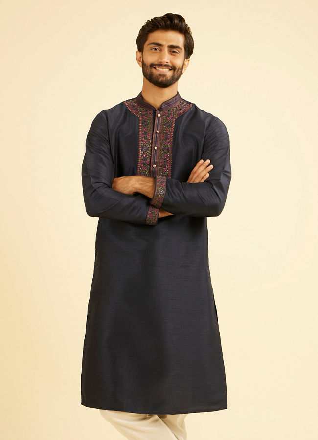 Manyavar Men Midnight Blue Plain Classic Kurta Set with Embroidered Neckline