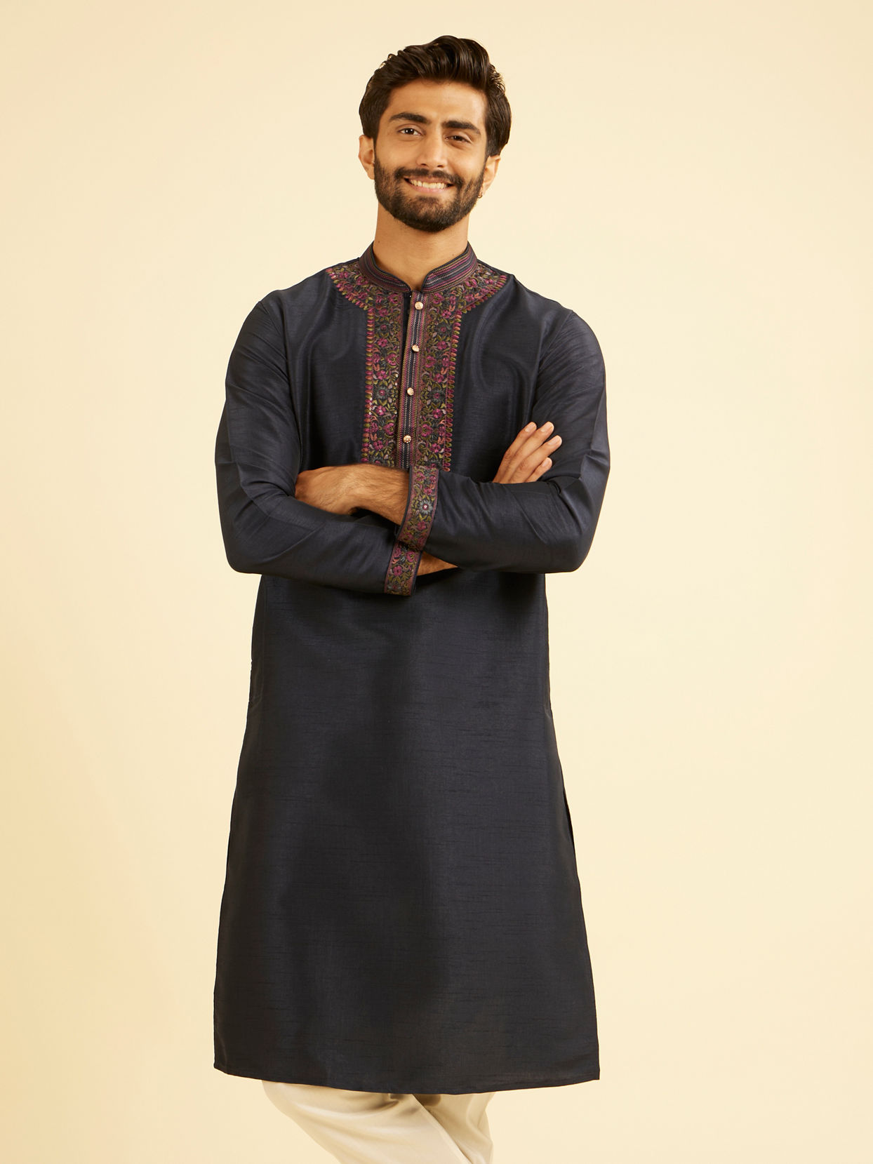 Manyavar Men Midnight Blue Plain Classic Kurta Set with Embroidered Neckline