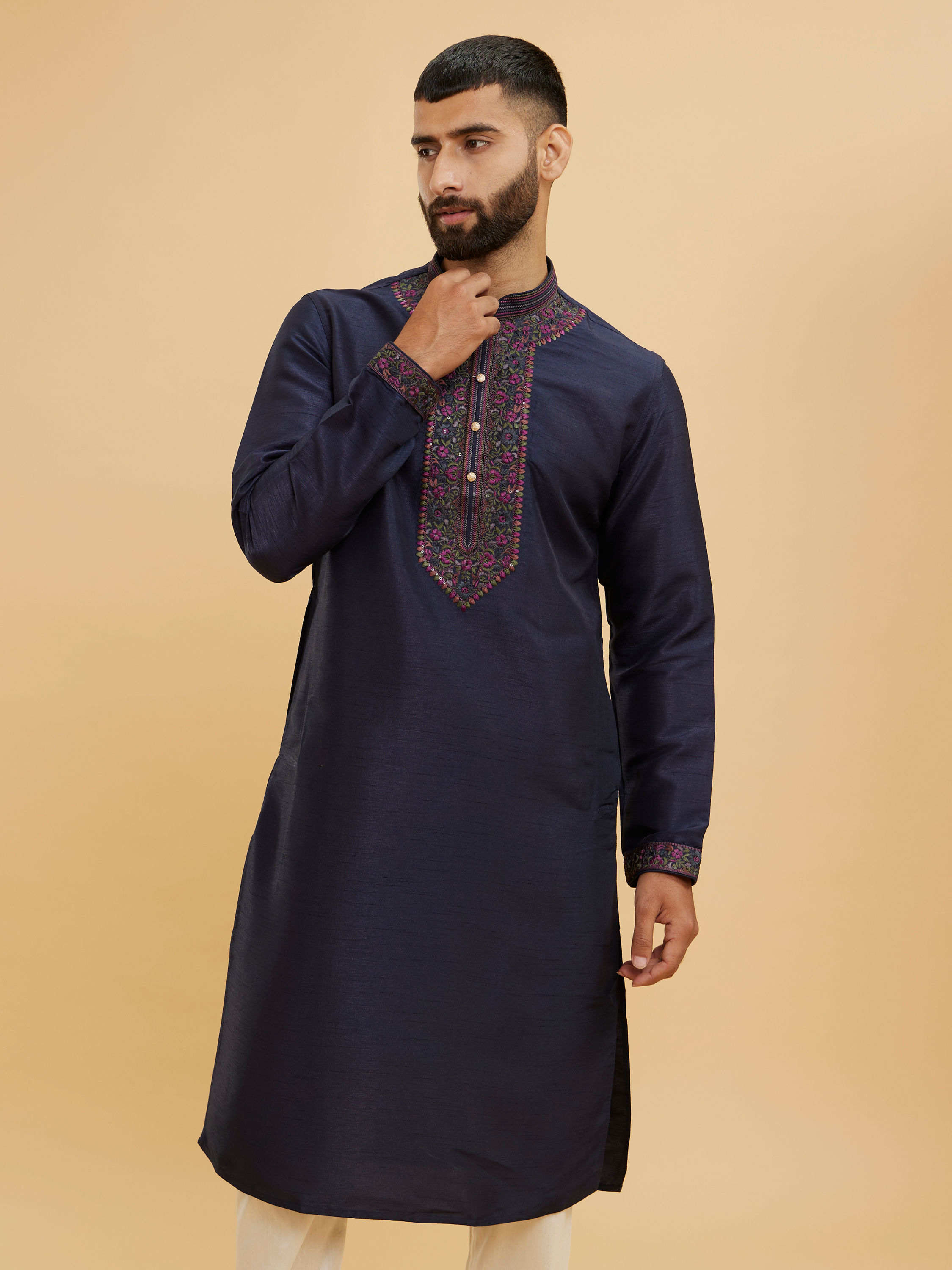 Manyavar Men Midnight Blue Plain Classic Kurta Set with Embroidered Neckline