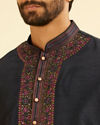 Manyavar Men Midnight Blue Plain Classic Kurta Set with Embroidered Neckline