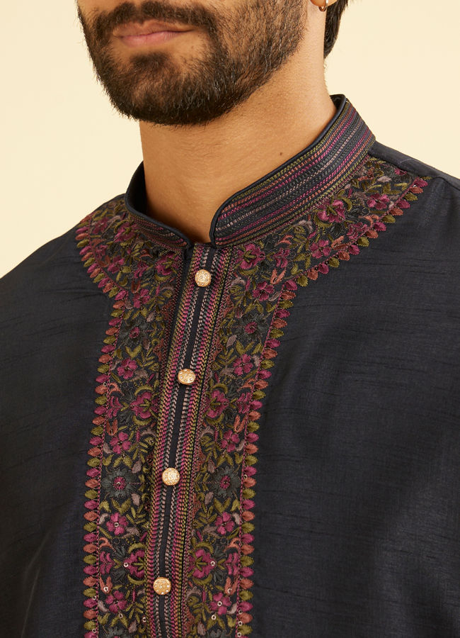 Manyavar Men Midnight Blue Plain Classic Kurta Set with Embroidered Neckline