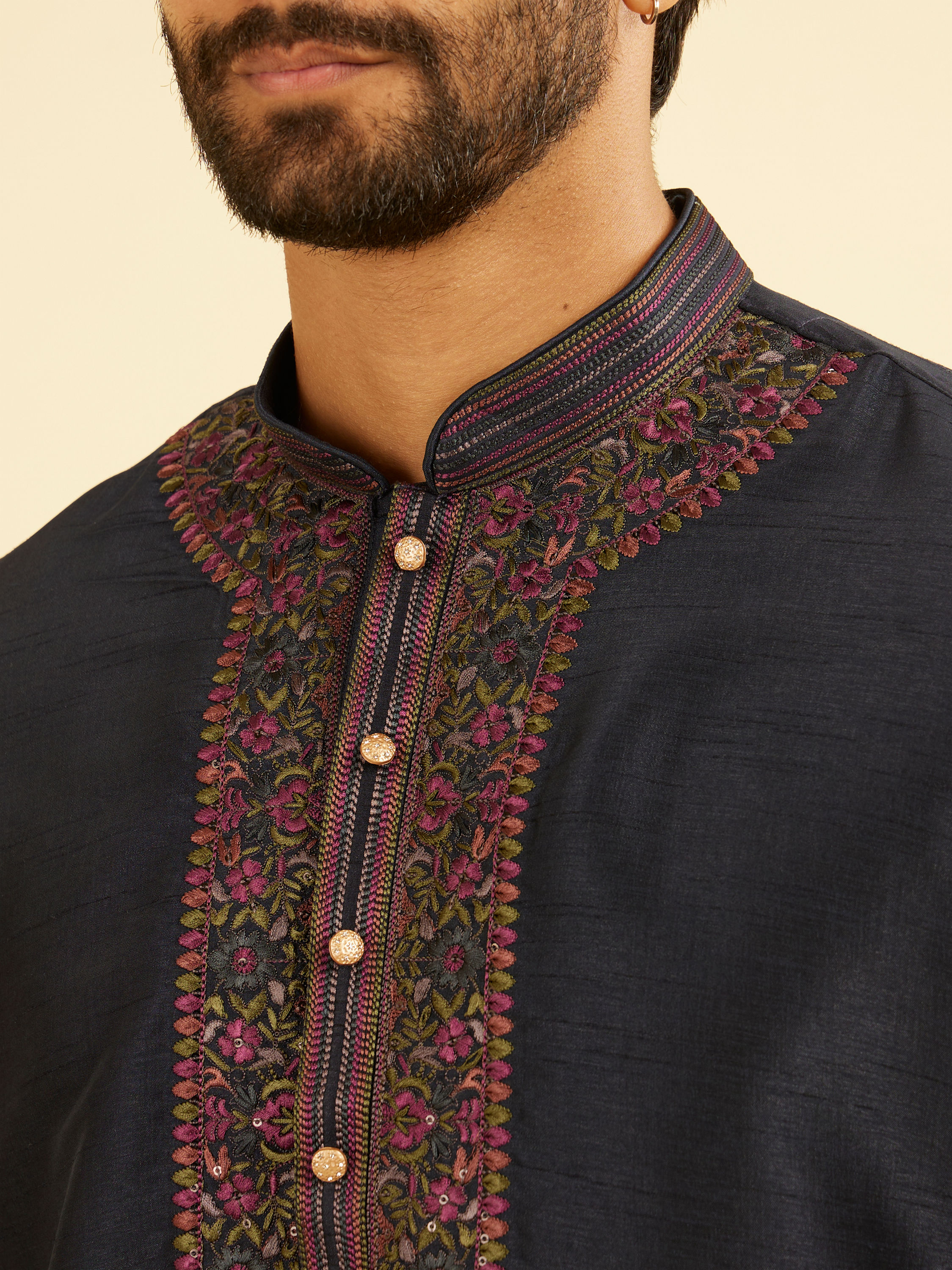 Manyavar Men Midnight Blue Plain Classic Kurta Set with Embroidered Neckline