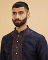 Manyavar Men Midnight Blue Plain Classic Kurta Set with Embroidered Neckline