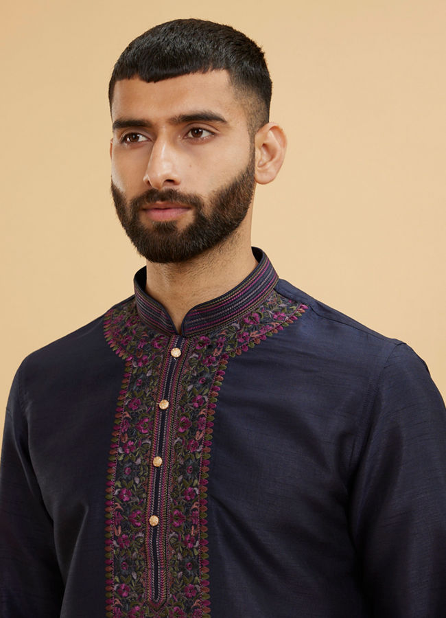 Manyavar Men Midnight Blue Plain Classic Kurta Set with Embroidered Neckline