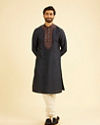 Manyavar Men Midnight Blue Plain Classic Kurta Set with Embroidered Neckline