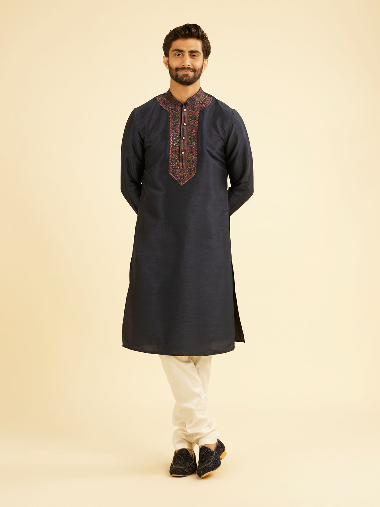 Manyavar Men Midnight Blue Plain Classic Kurta Set with Embroidered Neckline