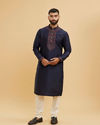 Manyavar Men Midnight Blue Plain Classic Kurta Set with Embroidered Neckline