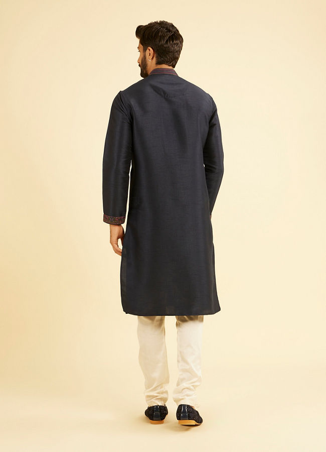 Manyavar Men Midnight Blue Plain Classic Kurta Set with Embroidered Neckline