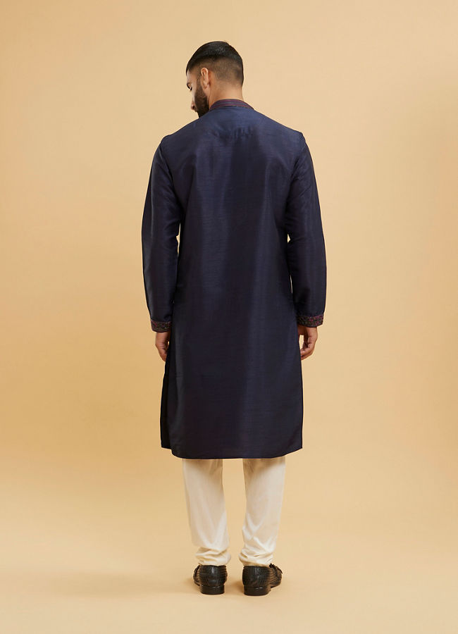 Manyavar Men Midnight Blue Plain Classic Kurta Set with Embroidered Neckline image number 4