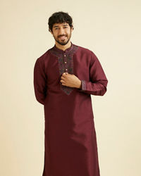 Manyavar Men Wine Red Plain Classic Kurta Set with Embroidered Neckline