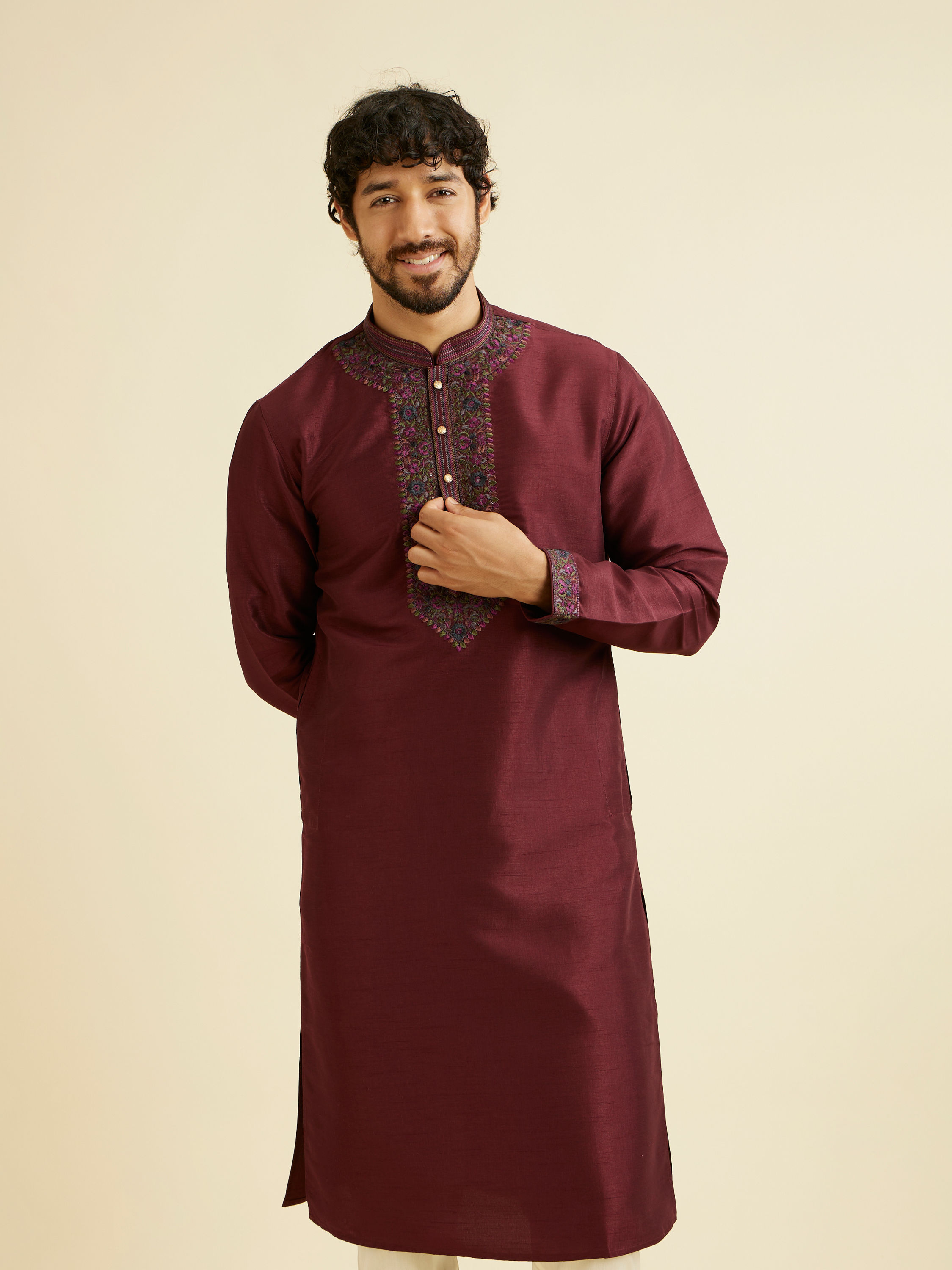 Manyavar Men Wine Red Plain Classic Kurta Set with Embroidered Neckline