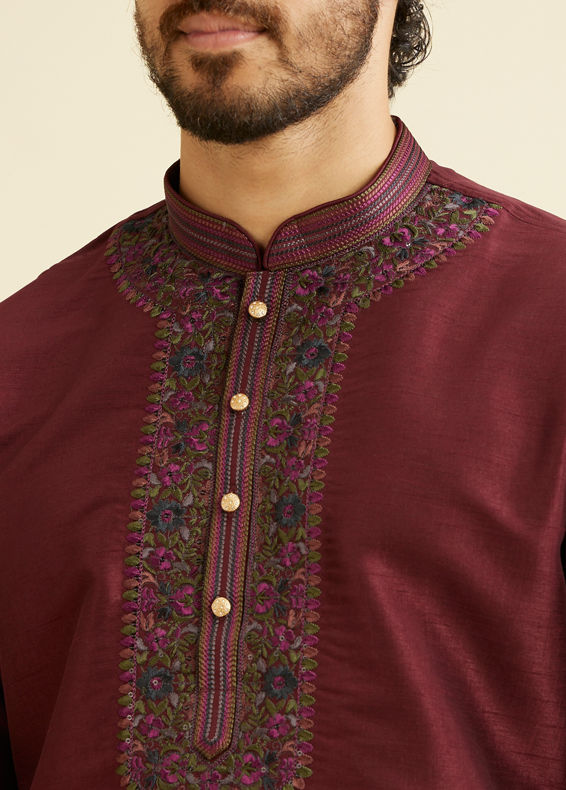 Manyavar Men Wine Red Plain Classic Kurta Set with Embroidered Neckline