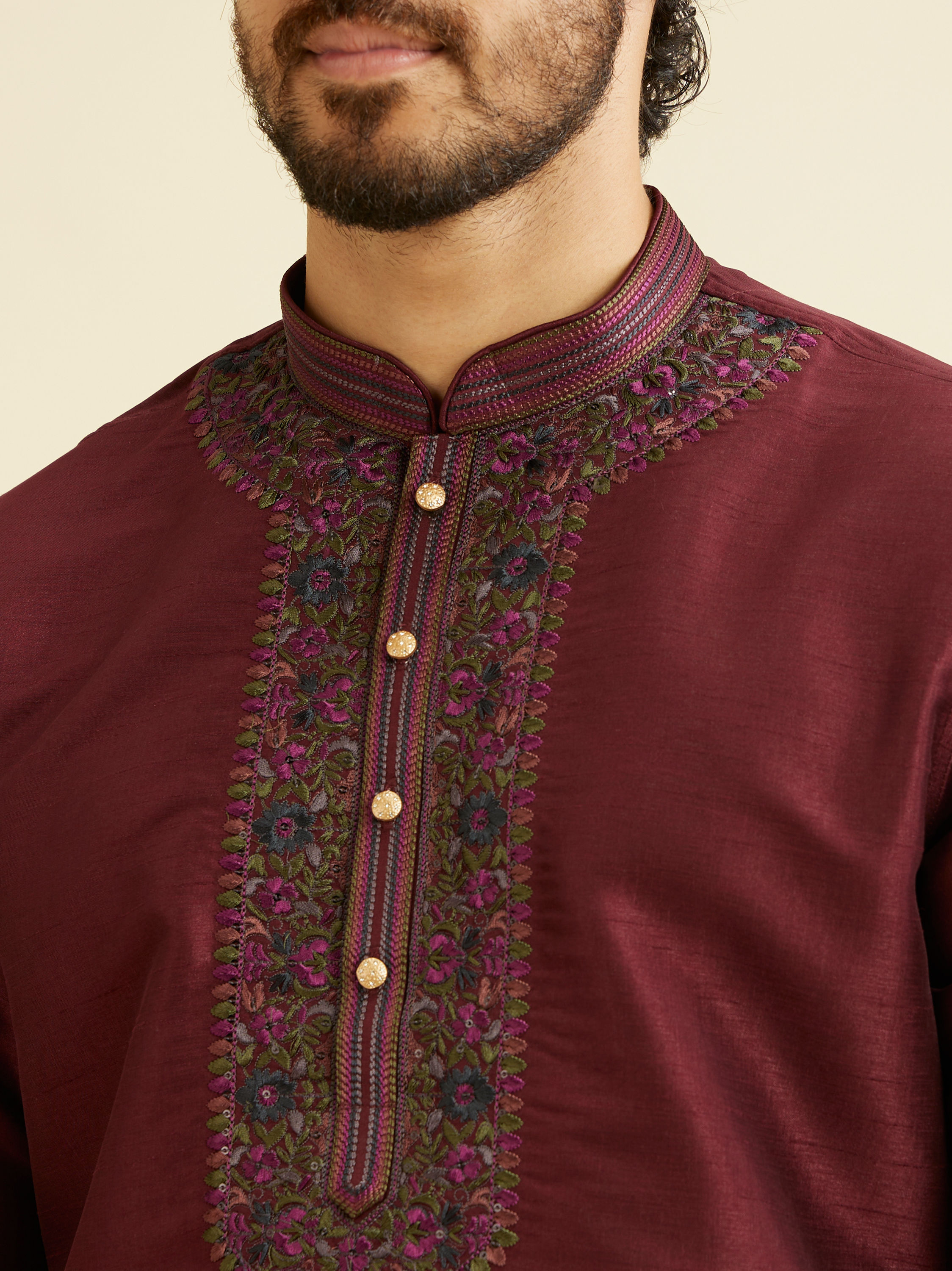 Manyavar Men Wine Red Plain Classic Kurta Set with Embroidered Neckline