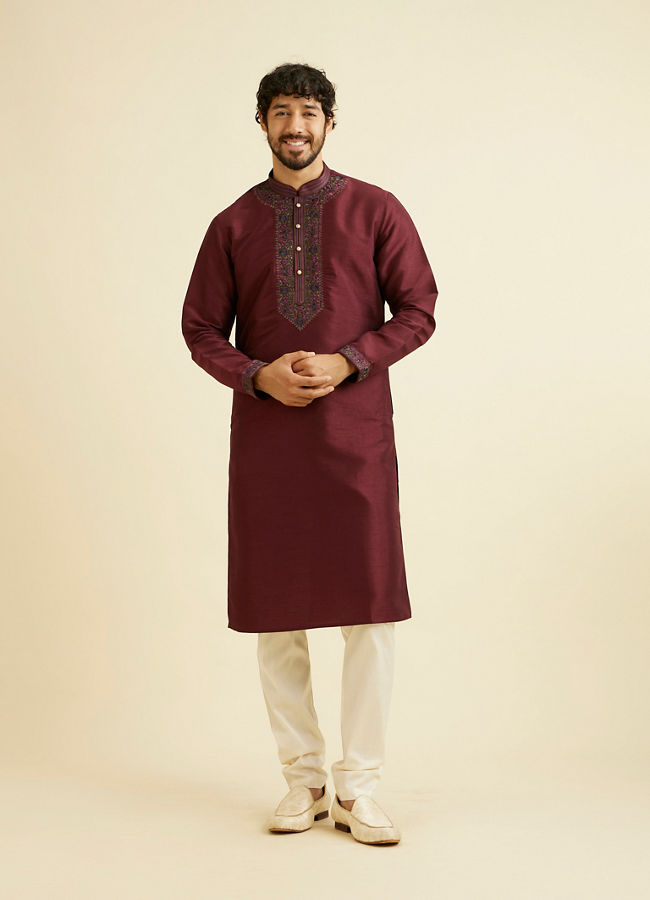 Manyavar Men Wine Red Plain Classic Kurta Set with Embroidered Neckline