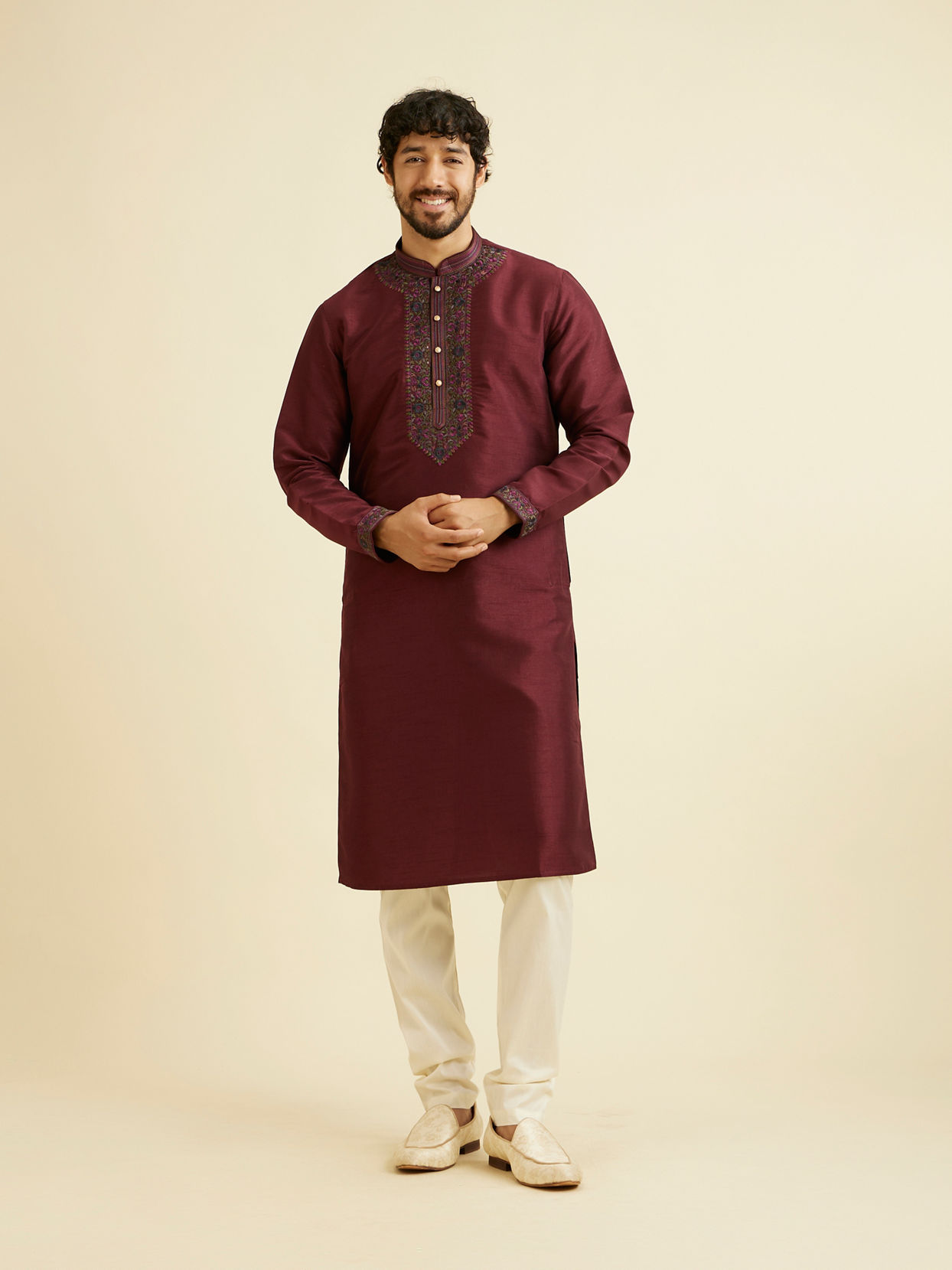 Manyavar Men Wine Red Plain Classic Kurta Set with Embroidered Neckline