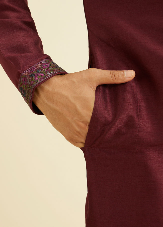 Manyavar Men Wine Red Plain Classic Kurta Set with Embroidered Neckline