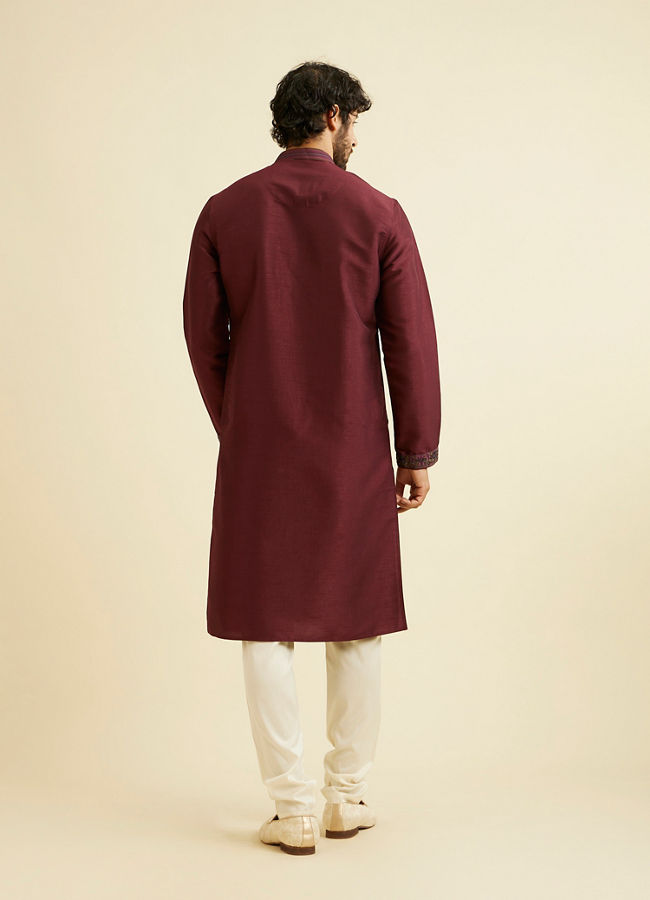 Manyavar Men Wine Red Plain Classic Kurta Set with Embroidered Neckline