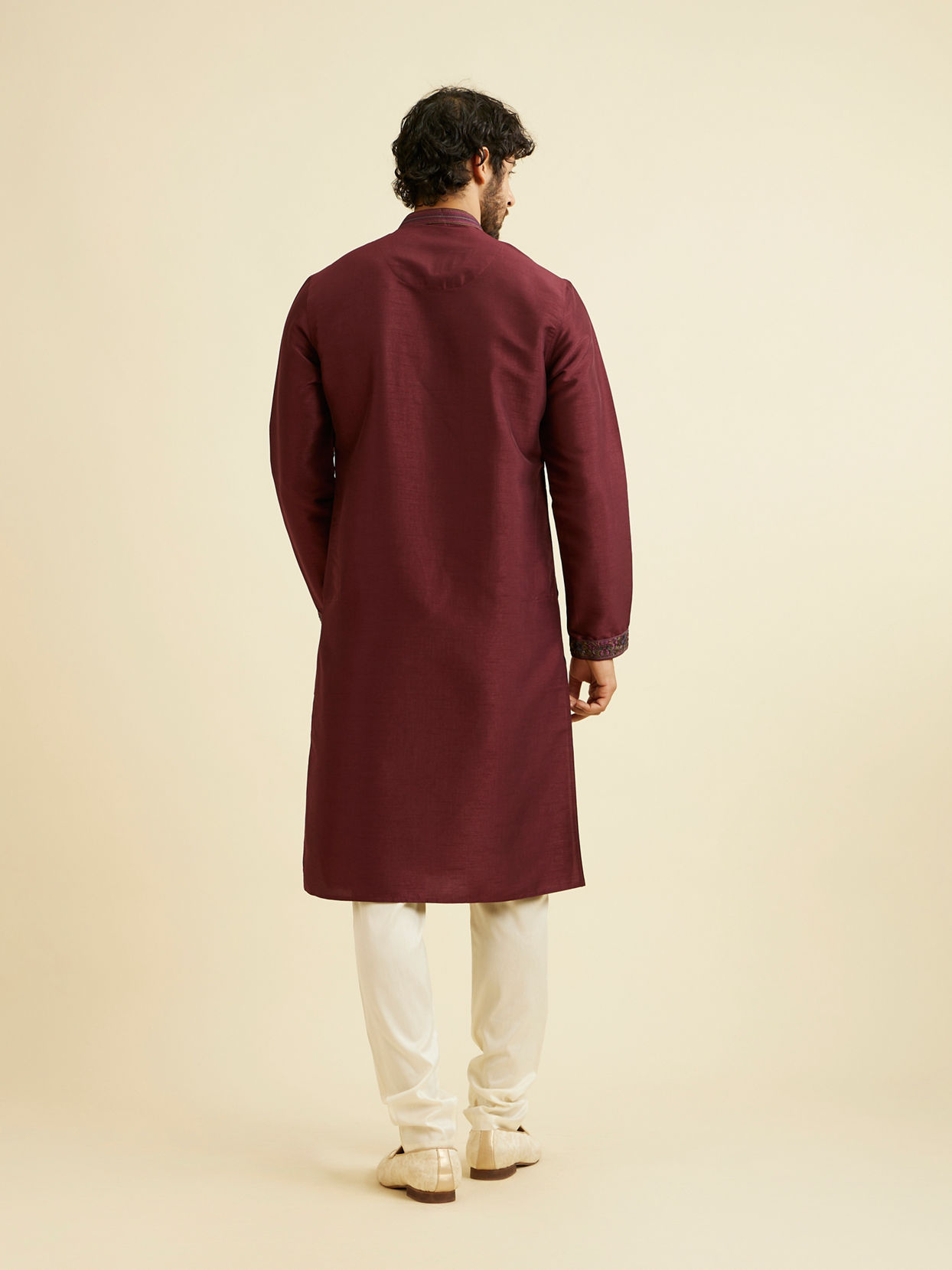 Manyavar Men Wine Red Plain Classic Kurta Set with Embroidered Neckline