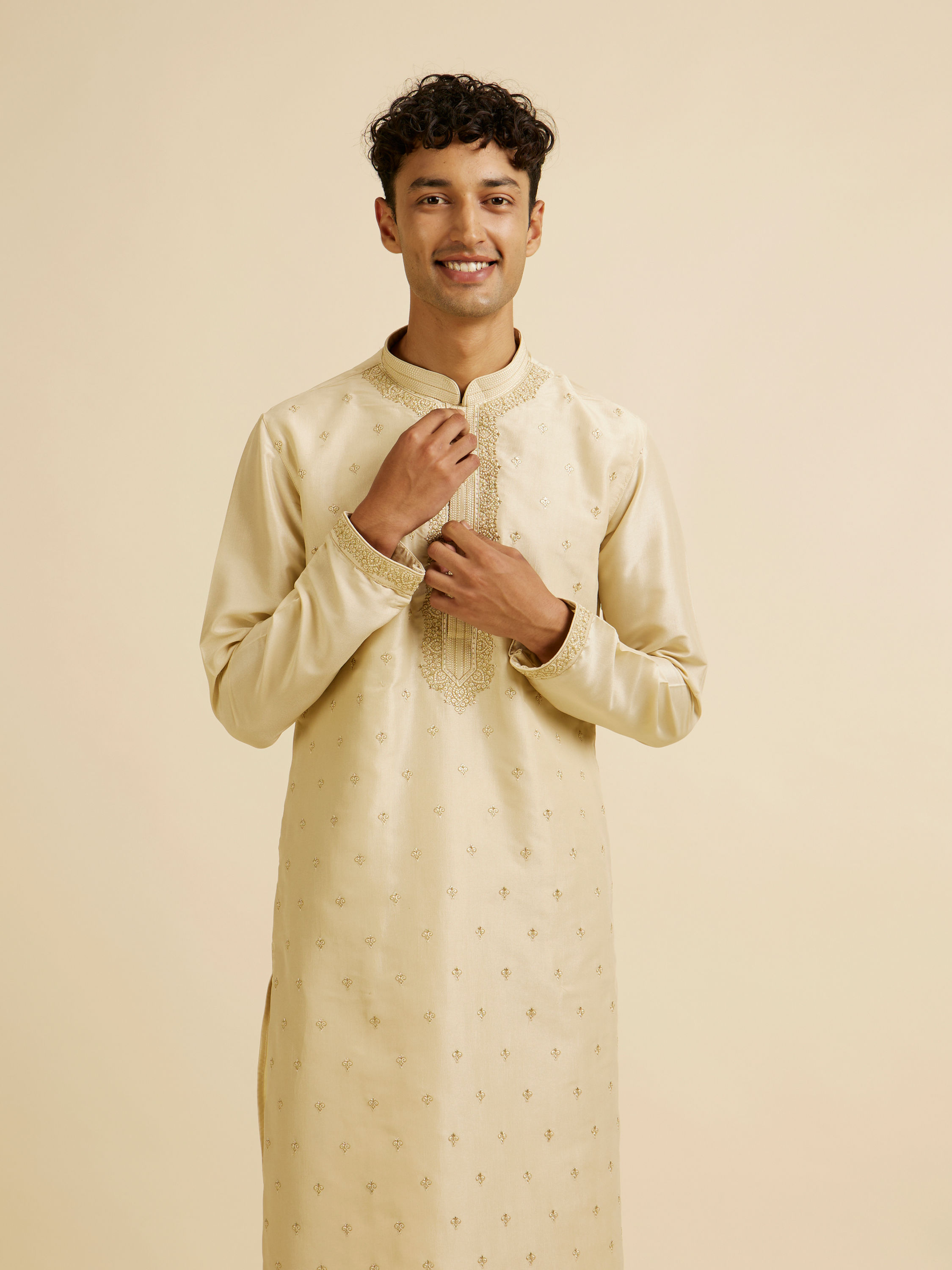 Manyavar Men Beige Buta Embroidered Kurta Set