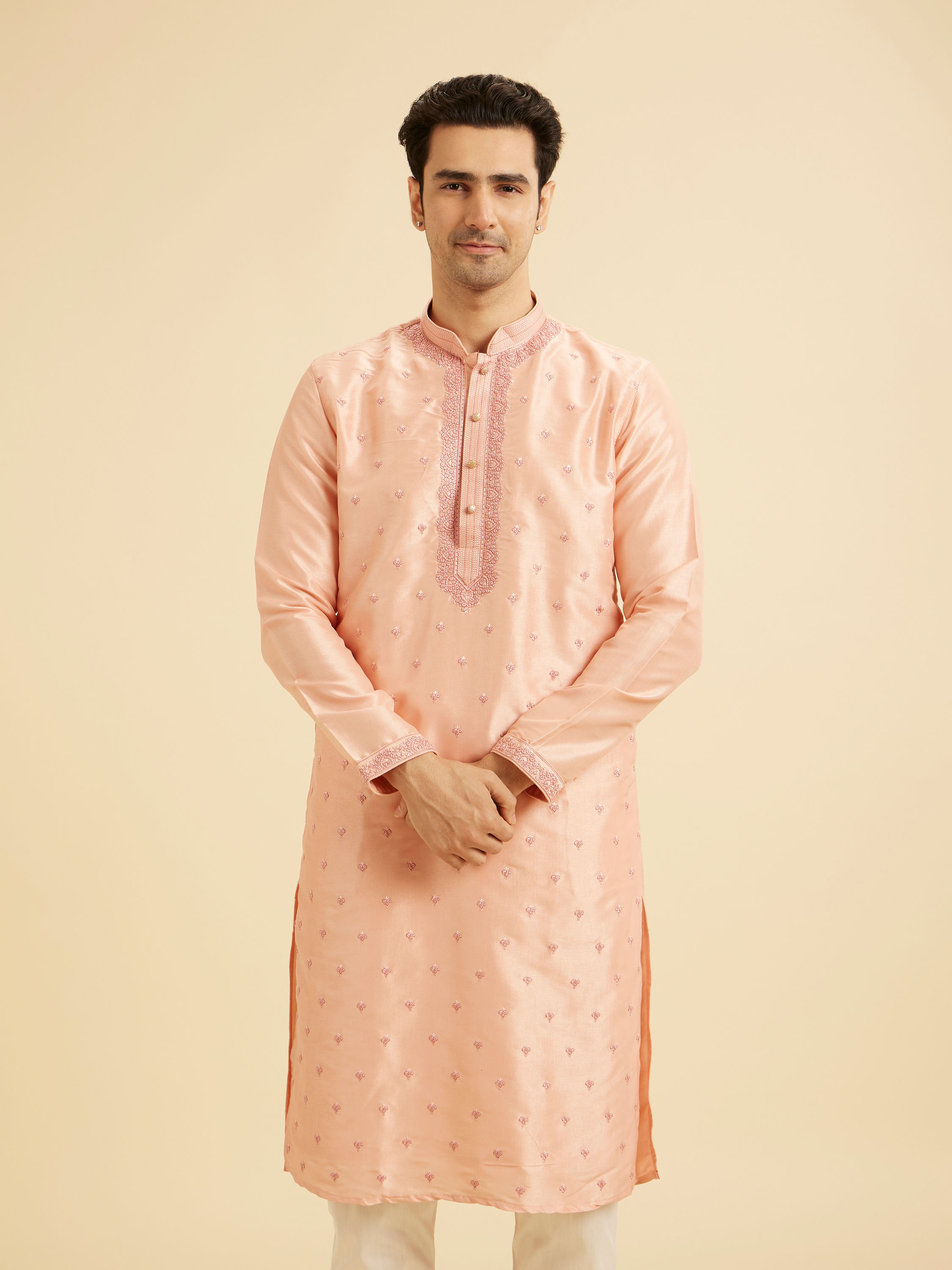 Manyavar Men Peach Elegance Kurta Pajama