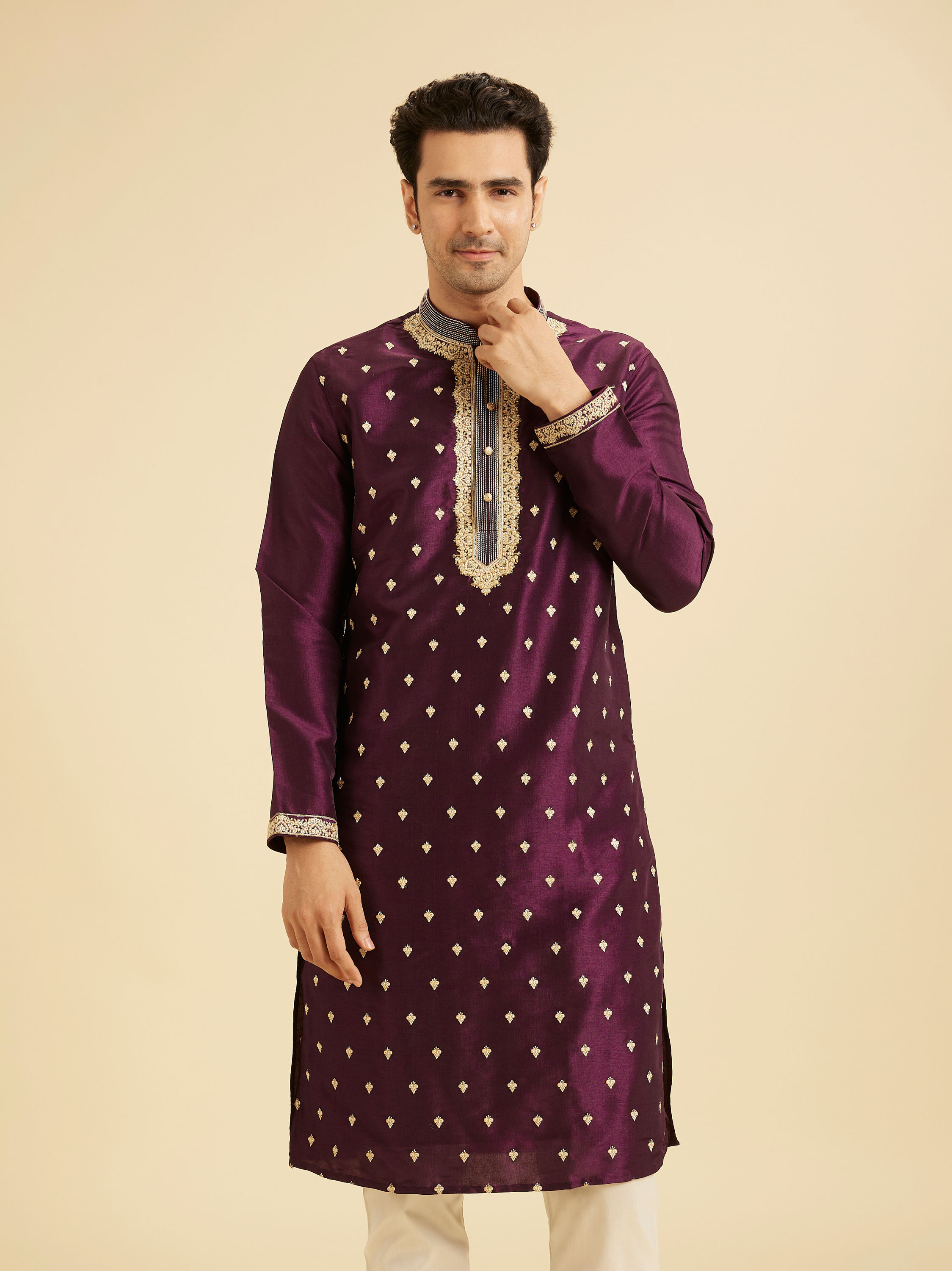 Manyavar Men Wine Elegance Kurta Pajama