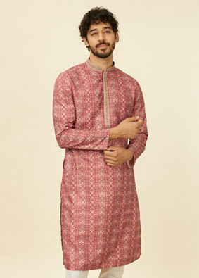 alt message - Manyavar Men Rust Embroidery Blended Viscose Kurta Pajama image number 0