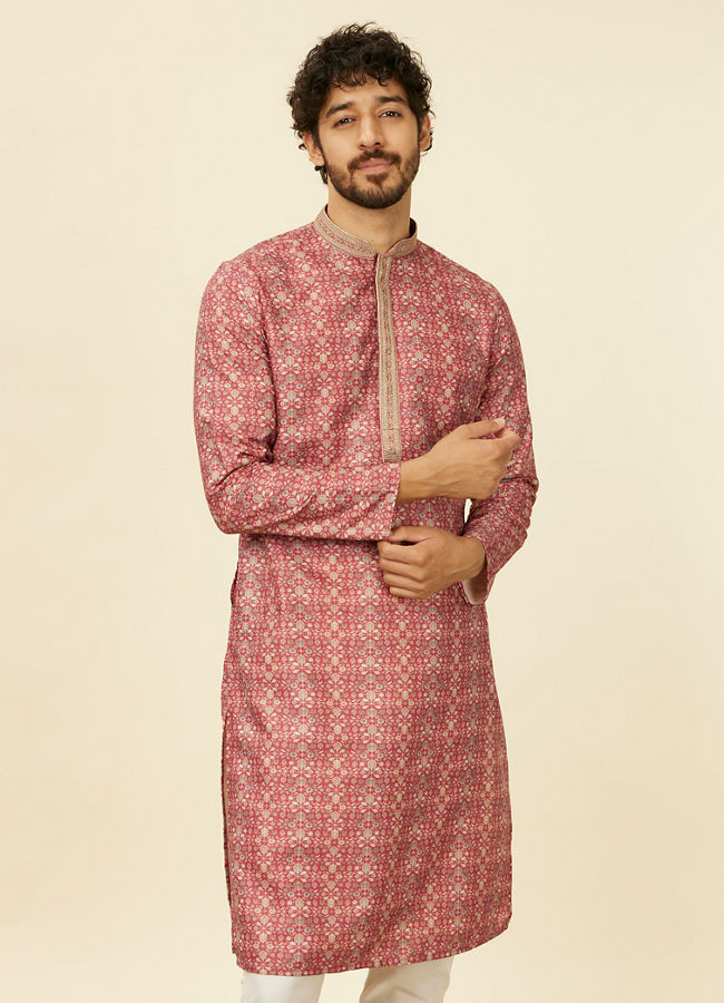 alt message - Manyavar Men Rust Embroidery Blended Viscose Kurta Pajama image number 0