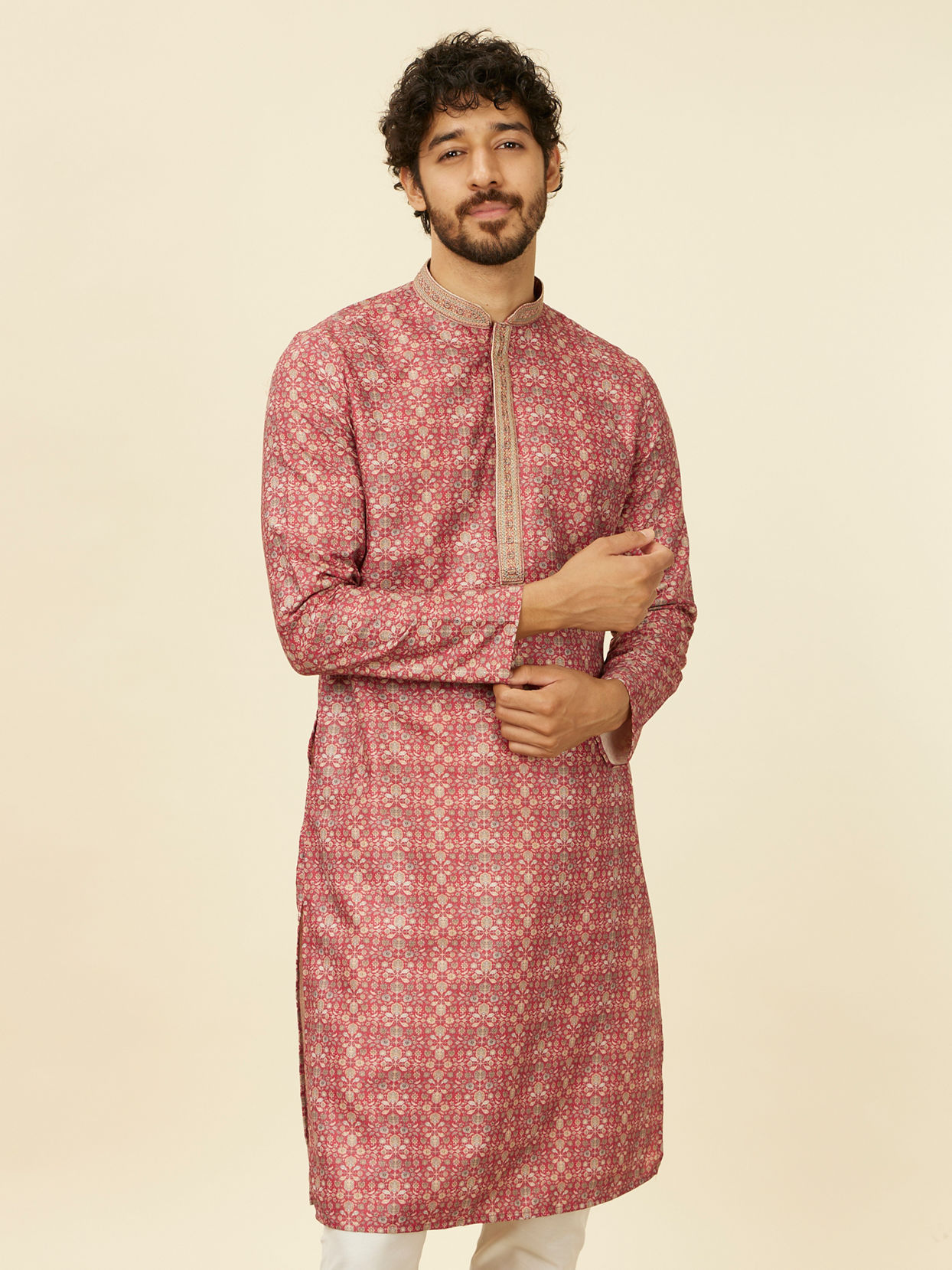 alt message - Manyavar Men Rust Embroidery Blended Viscose Kurta Pajama image number 0