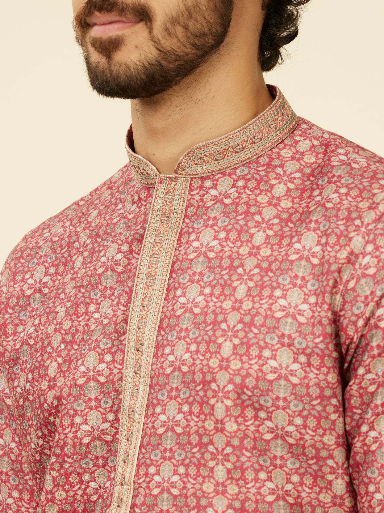 alt message - Manyavar Men Rust Embroidery Blended Viscose Kurta Pajama image number 1