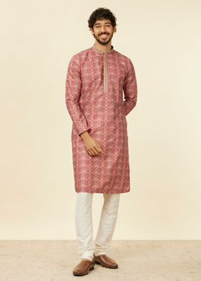 alt message - Manyavar Men Rust Embroidery Blended Viscose Kurta Pajama image number 2