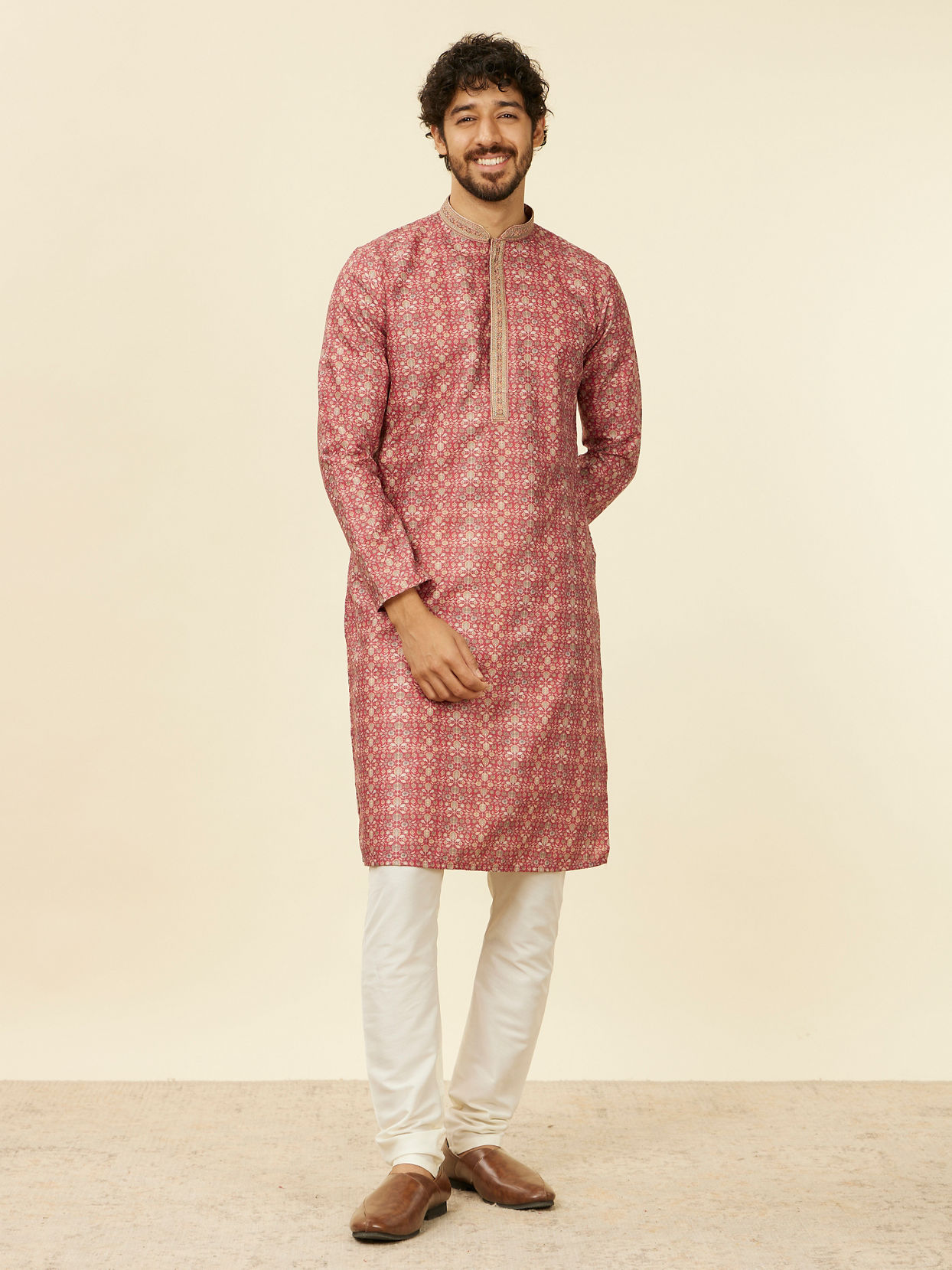 alt message - Manyavar Men Rust Embroidery Blended Viscose Kurta Pajama image number 2