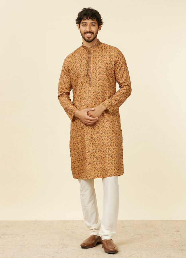 Manyavar Men Mustard Yellow Jaal Patterned Kurta Set