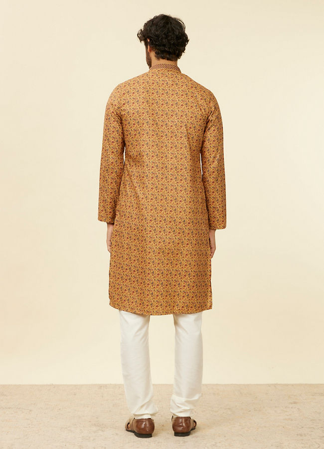 Manyavar Men Mustard Yellow Jaal Patterned Kurta Set