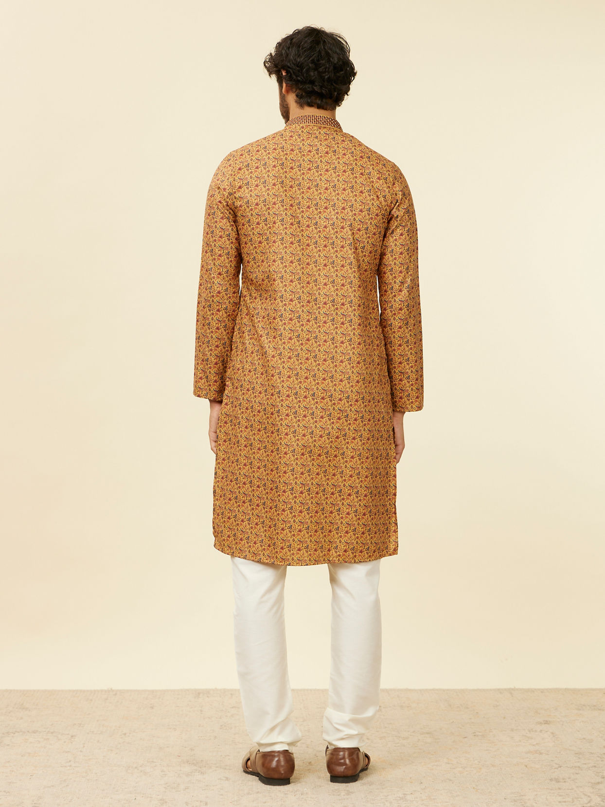 Manyavar Men Mustard Yellow Jaal Patterned Kurta Set
