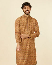 Manyavar Men Mustard Yellow Jaal Patterned Kurta Set