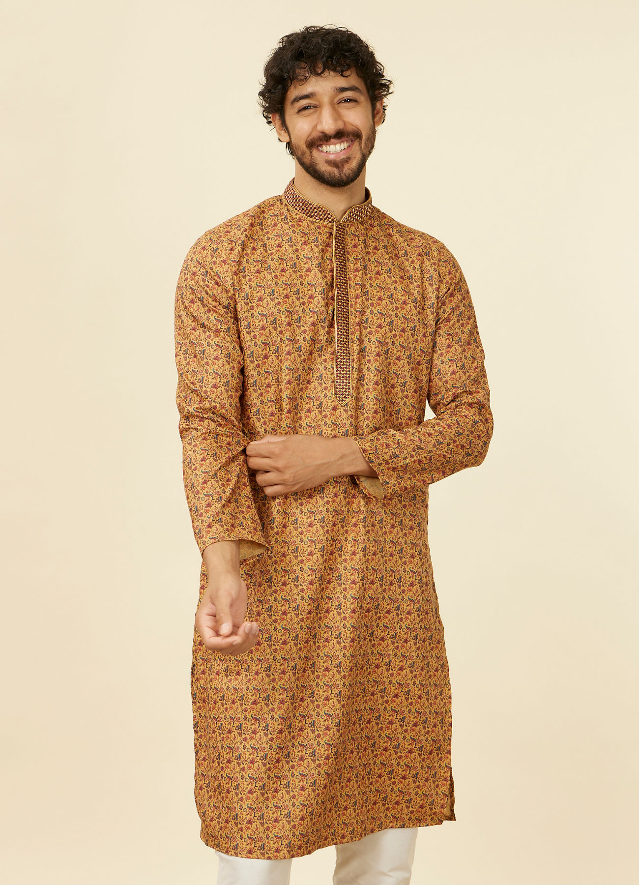 Manyavar Men Mustard Yellow Jaal Patterned Kurta Set