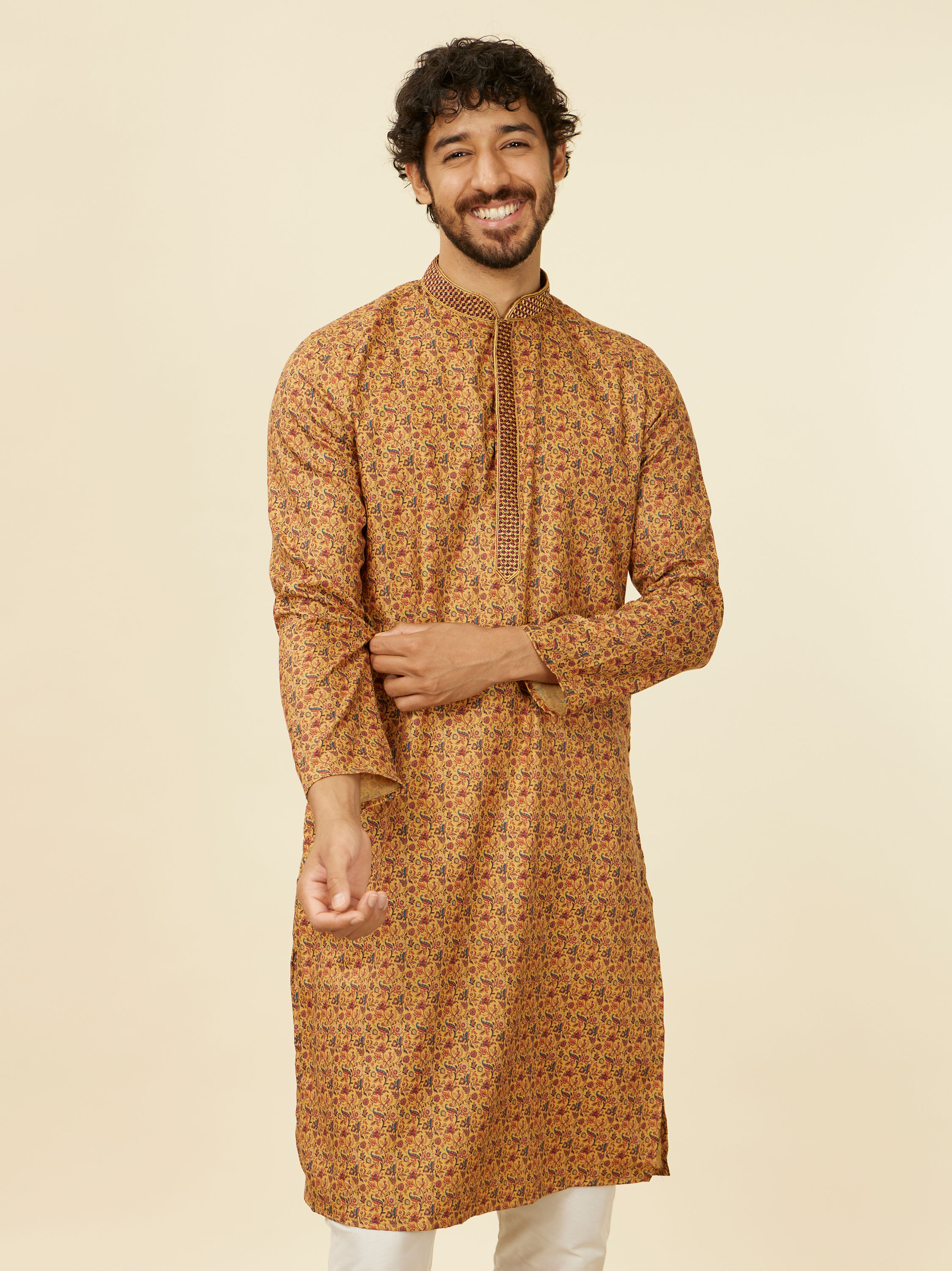 Manyavar Men Mustard Yellow Jaal Patterned Kurta Set