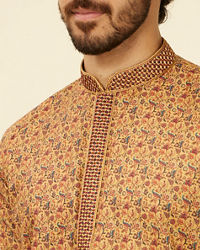 Manyavar Men Mustard Yellow Jaal Patterned Kurta Set