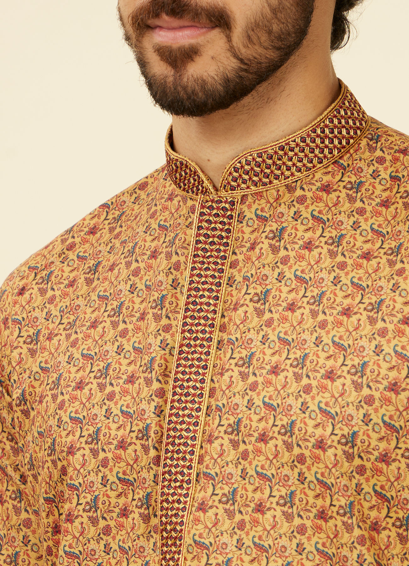 Manyavar Men Mustard Yellow Jaal Patterned Kurta Set