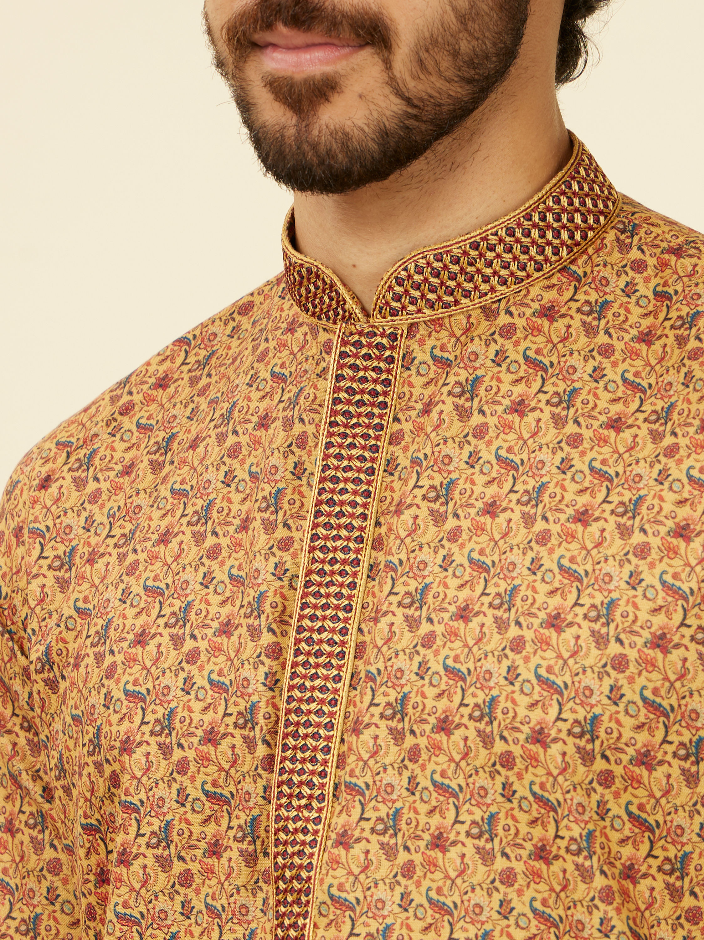 Manyavar Men Mustard Yellow Jaal Patterned Kurta Set