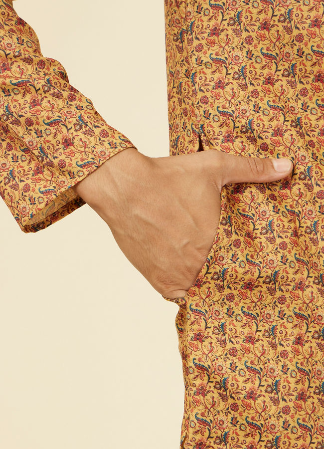 Manyavar Men Mustard Yellow Jaal Patterned Kurta Set