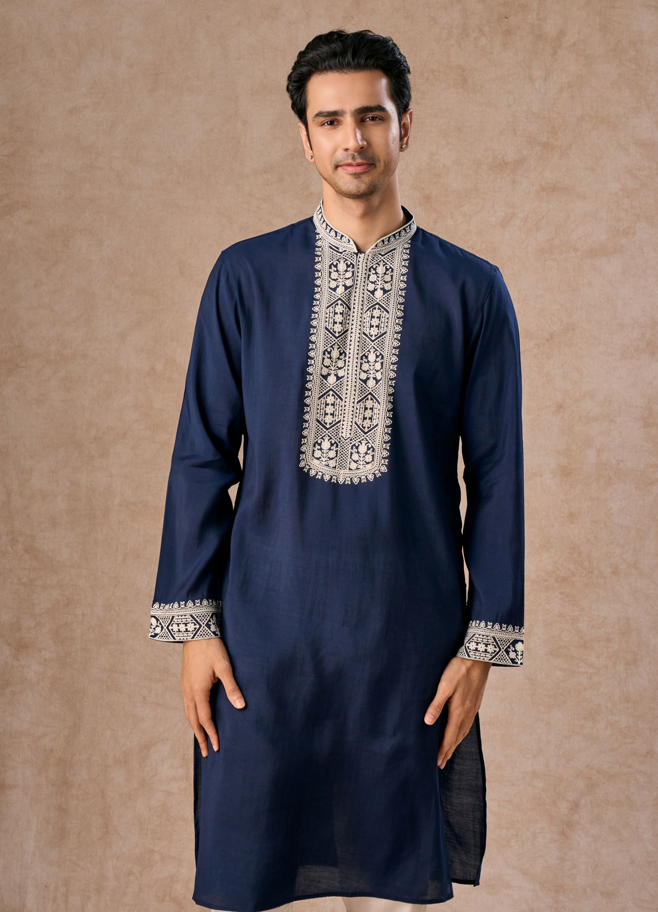 Manyavar Men Exquisite Dark Blue Kurta Churidar