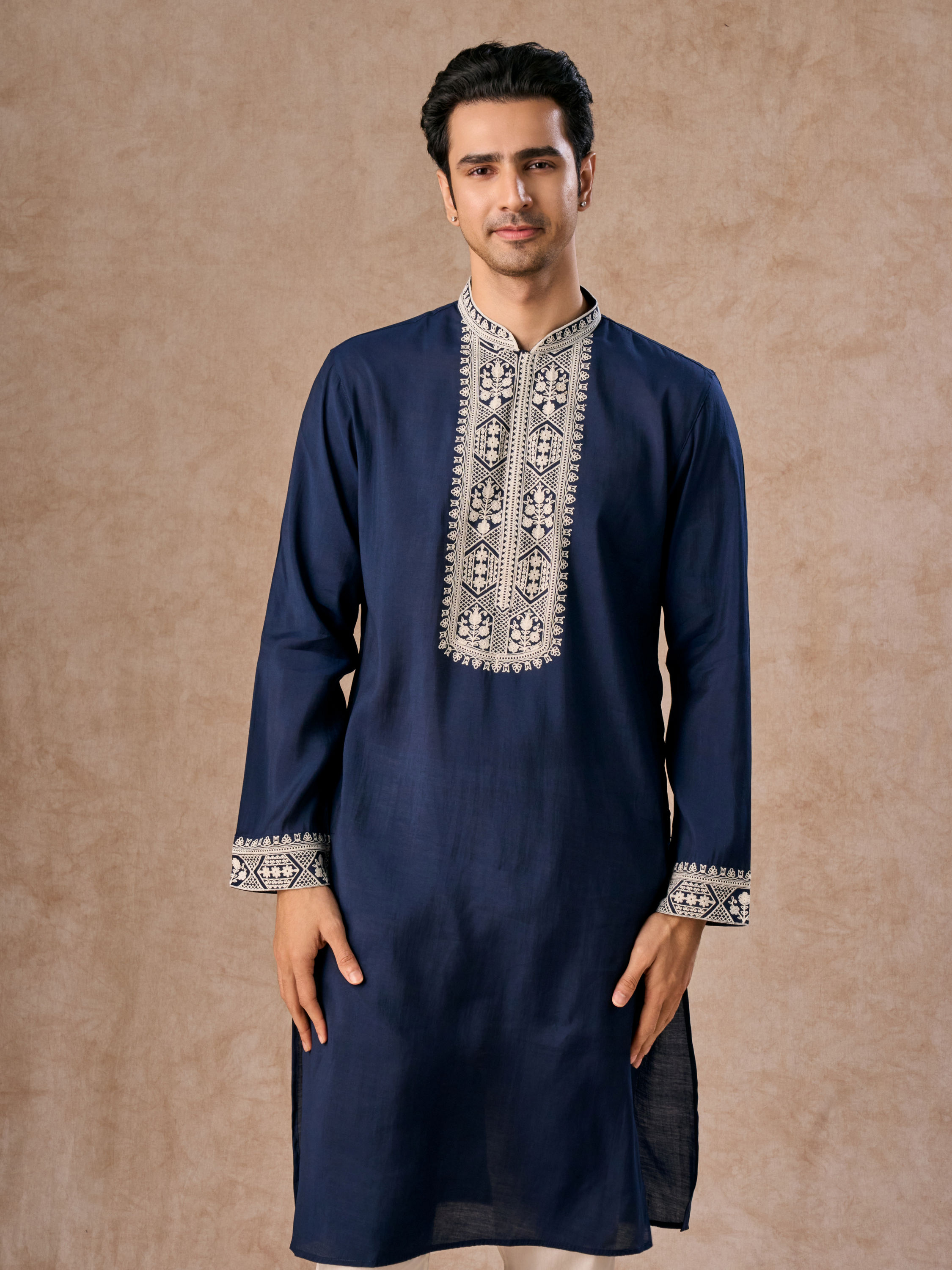 Manyavar Men Exquisite Dark Blue Kurta Churidar