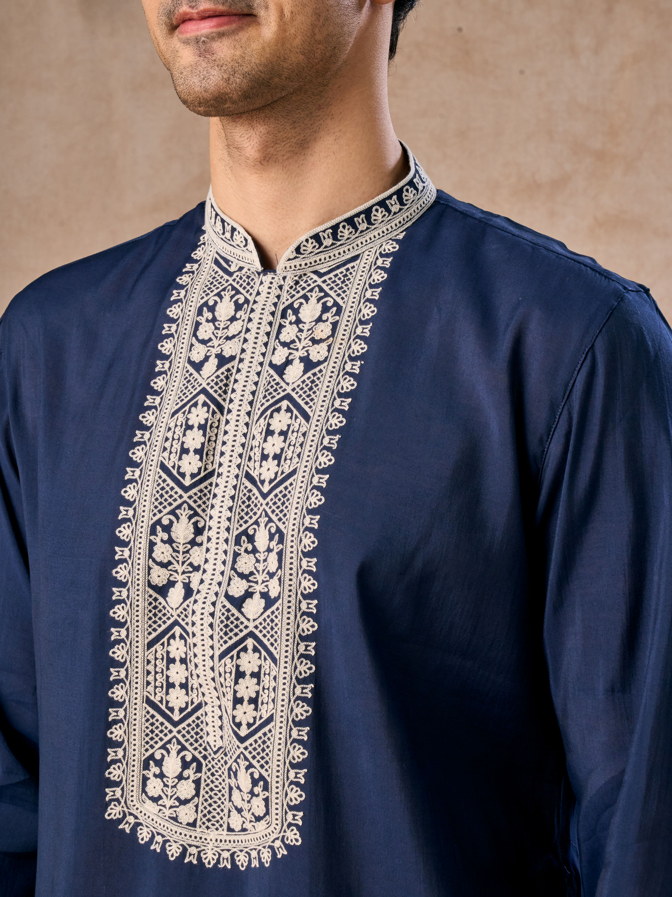 Manyavar Men Exquisite Dark Blue Kurta Churidar
