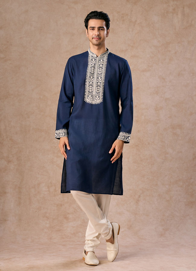 Manyavar Men Exquisite Dark Blue Kurta Churidar