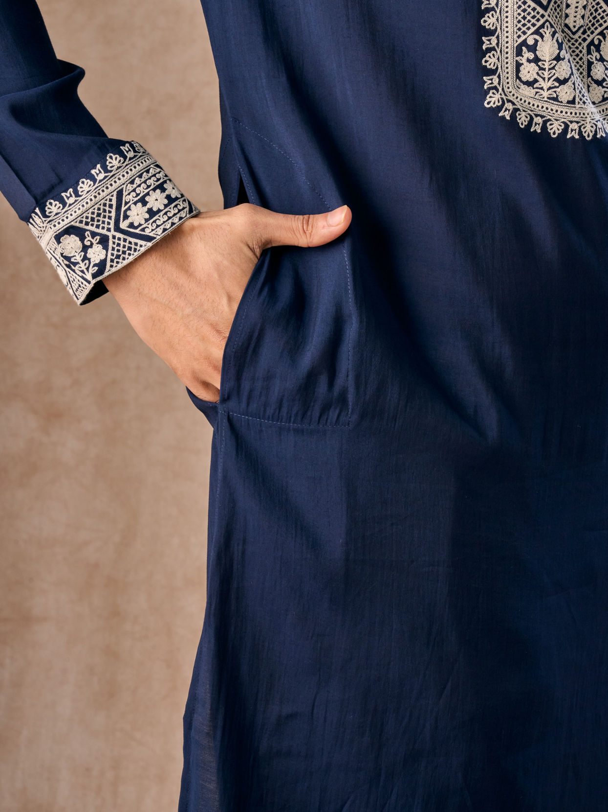 Manyavar Men Exquisite Dark Blue Kurta Churidar