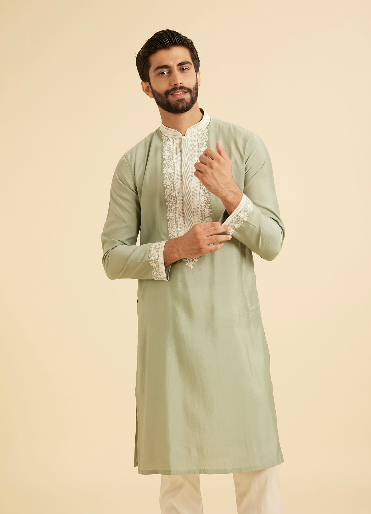 Manyavar Men Light Green Blended Viscose Kurta Churidar Set
