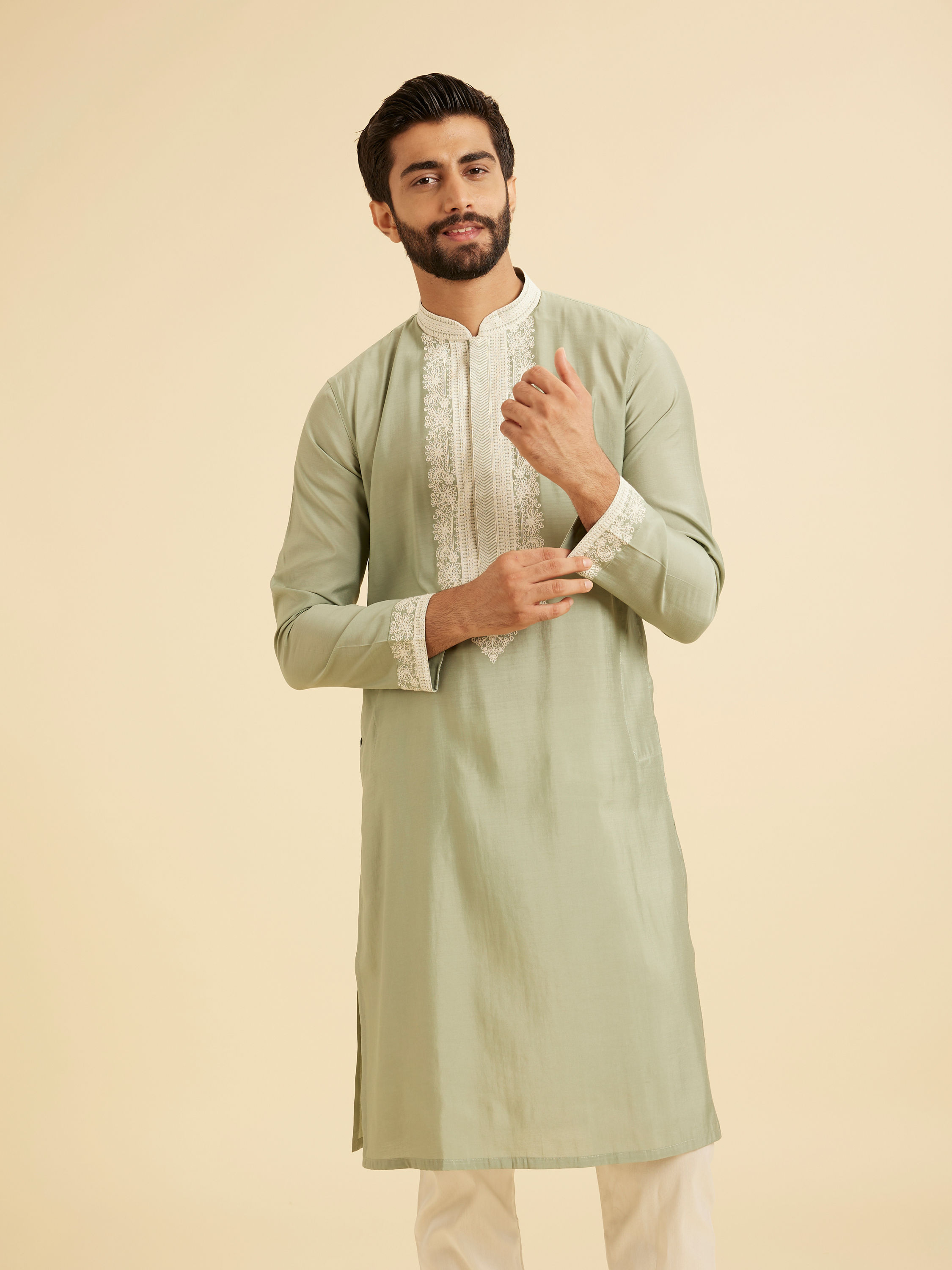 Manyavar Men Light Green Blended Viscose Kurta Churidar Set