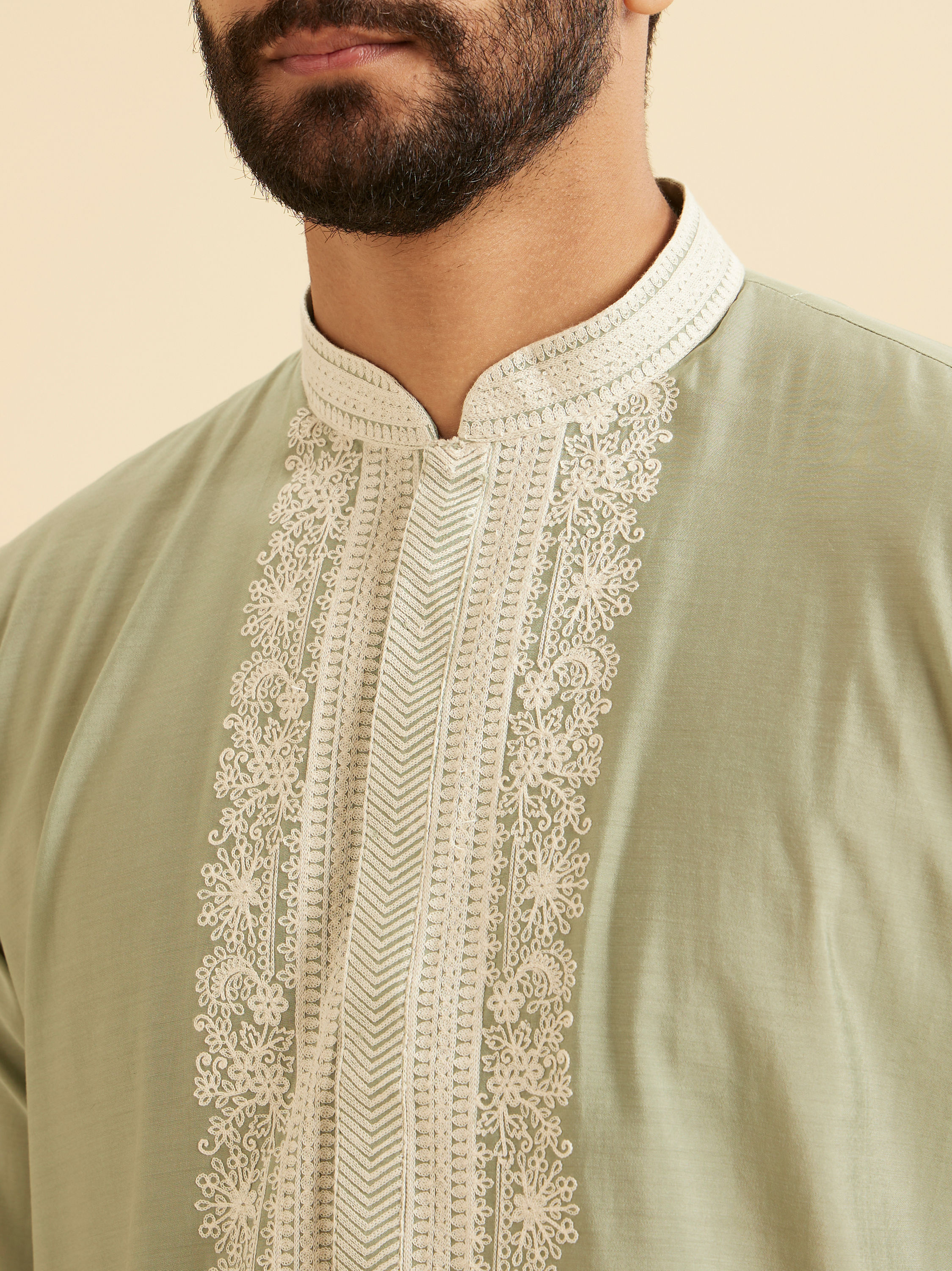 Manyavar Men Light Green Blended Viscose Kurta Churidar Set