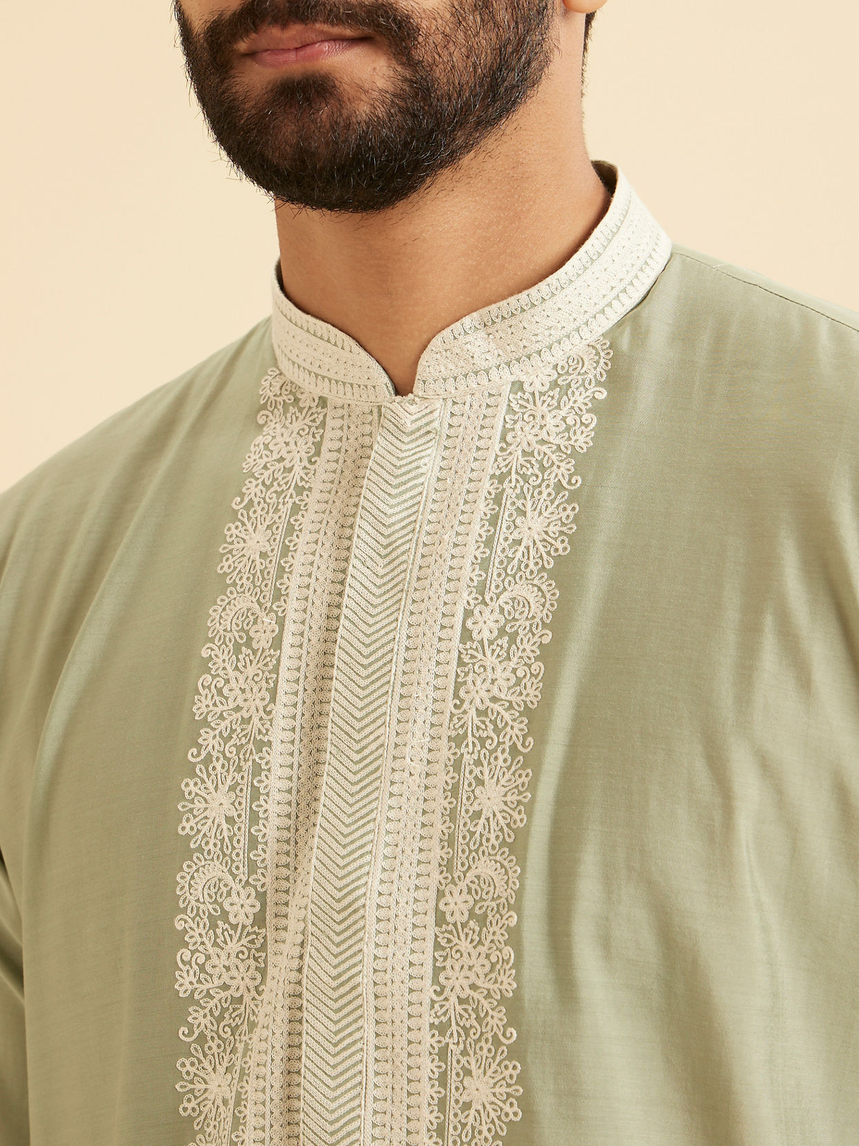 Manyavar Men Light Green Blended Viscose Kurta Churidar Set